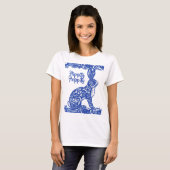 Whimsical Blue Willow Bunny Rabbit Spring T-shirt (Voorkant volledig)