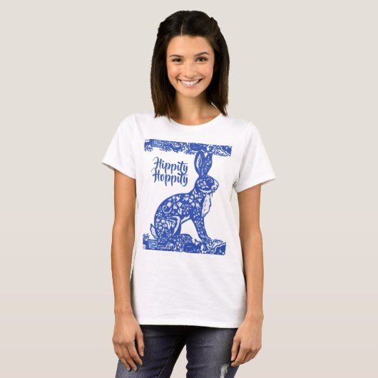 Whimsical Blue Willow Bunny Rabbit Spring T-shirt (Voorkant volledig)