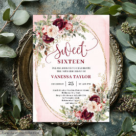 Whimsical Blush Burgundy Roses Sweet Sixteen Card Kaart
