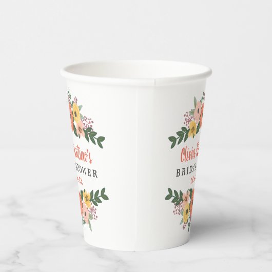 Whimsical Blush en Coral Floral Vrijgezellenfeest Papieren Bekers (Rechts)