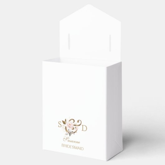 Whimsical Blush Gold Flowers Monogram Weddenschap Bedankdoosjes (Geopend)