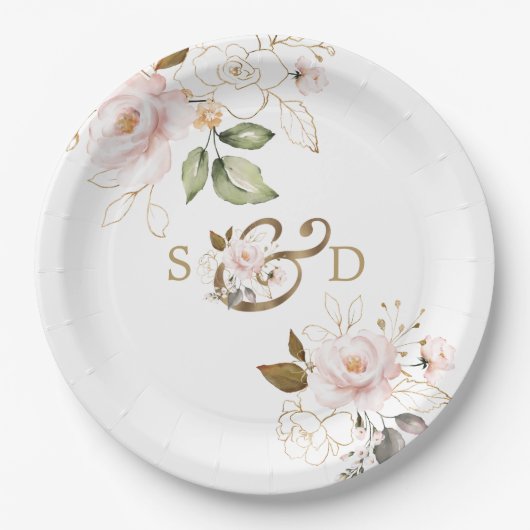Whimsical Blush Gold Flowers Monogram Weddenschap Papieren Bordje (Voorkant)