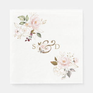 Whimsical Blush Gold Flowers Monogram Weddenschap Servet