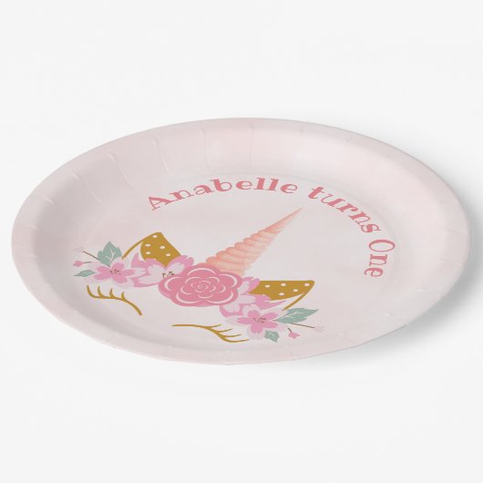 Whimsical Blush Pink Unicorn First Birthday Papieren Bordje (Gekanteld)