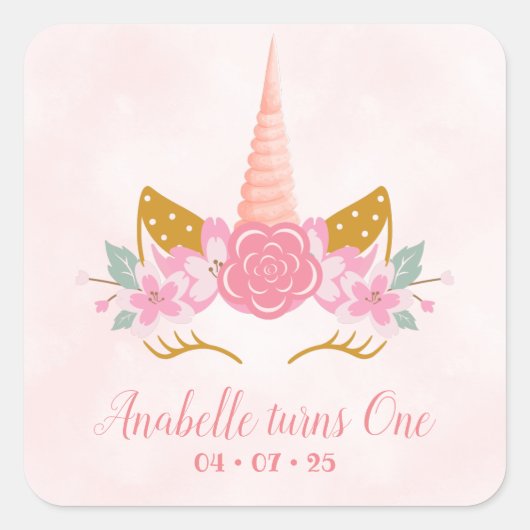 Whimsical Blush Pink Unicorn First Birthday Vierkante Sticker (Voorkant)