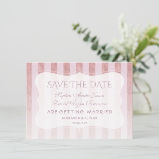 Whimsical Blush Roos Gold Stripes Wedding Save The Date (Staand voorkant)
