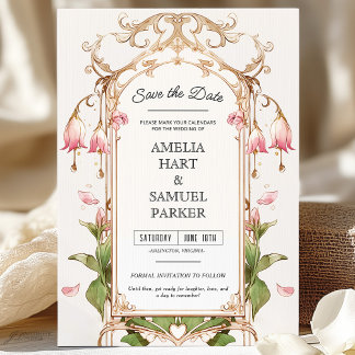 Whimsical Blush Roze en Gouden Bloemen Save the Da Kaart