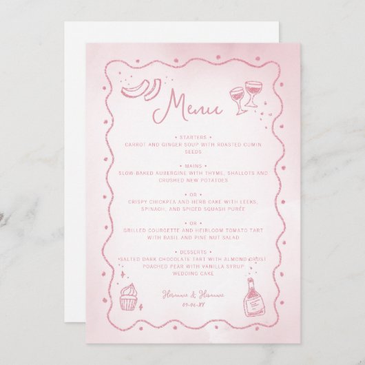 Whimsical Blush Roze Hand getrokken Food Wedding Menu (Voorkant / Achterkant)