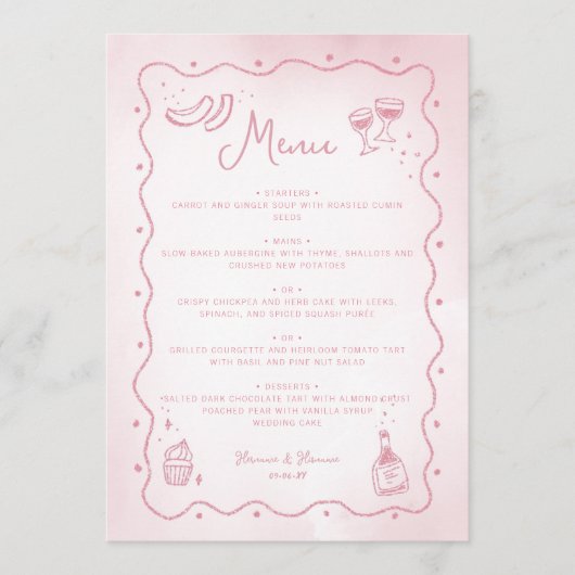 Whimsical Blush Roze Hand getrokken Food Wedding Menu (Voorkant)