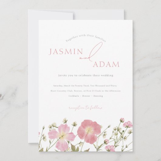 Whimsical Blush Roze Wildbloemen Bruiloft Kaart (Voorkant)