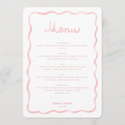 Whimsical Blush Roze Wit Wavy Lijst bruiloft Menu (Voorkant)