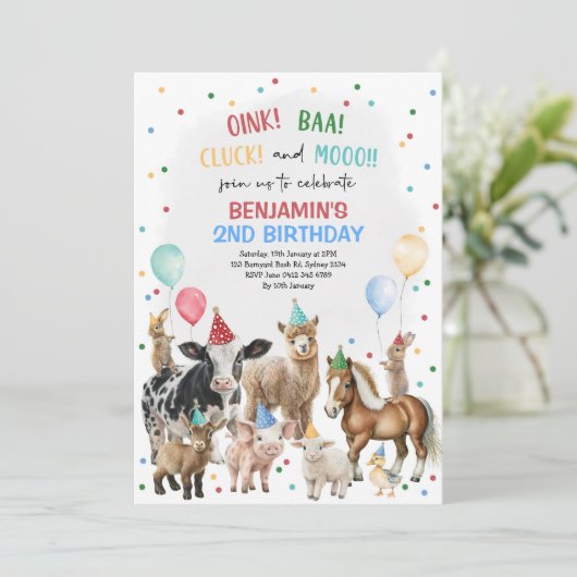 Whimsical Boerderij Dieren Barnyard Verjaardag Jon Kaart (Staand voorkant)