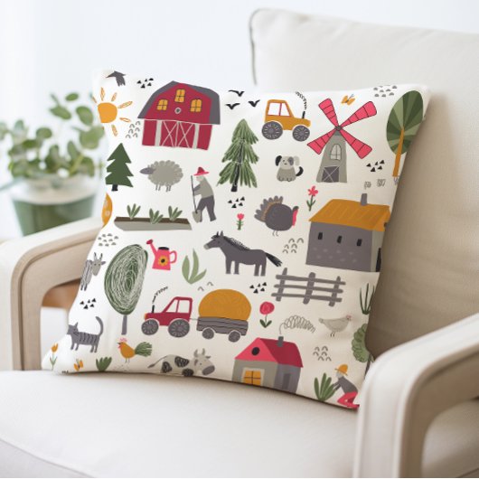 Whimsical Boerderij Scene Red Barn and Animals Kussen