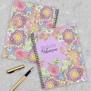 Whimsical Bohemian Kleurrijke Bloemen op Paarse Notitieboek