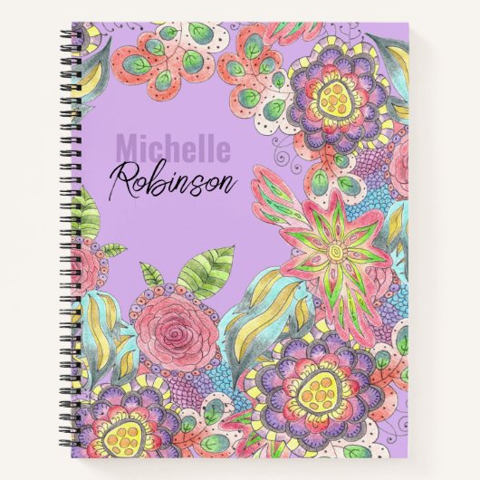 Whimsical Bohemian Kleurrijke Bloemen op Paarse Notitieboek (Voorkant)