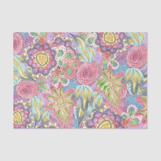 Whimsical Bohemian Kleurrijke Bloemen op Paarse Tissuepapier (Voorkant)