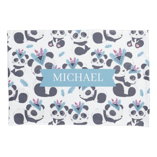 Whimsical Bohemian Panda Pattern Custom Name Kussensloop (Voorkant)