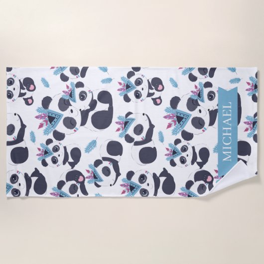 Whimsical Bohemian Panda Pattern Custom Name Strandlaken (Voorkant)