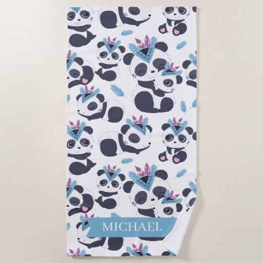 Whimsical Bohemian Panda Pattern Custom Name Strandlaken (Voorkant)