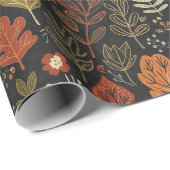 Whimsical Boho Autumn Leaves on Black Cadeaupapier (Rol Hoek)