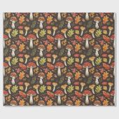 Whimsical Boho Autumn Mushrooms Leaves on Black Cadeaupapier (Vlak)
