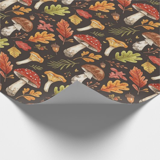 Whimsical Boho Autumn Mushrooms Leaves on Black Cadeaupapier (Hoek)