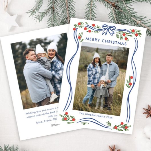 Whimsical Boho Blue Christmas Bow Ribbon 2 Foto Feestdagenkaart