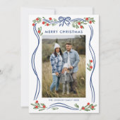 Whimsical Boho Blue Christmas Bow Ribbon 2 Foto Feestdagenkaart (Voorkant)