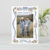 Whimsical Boho Blue Christmas Bow Ribbon 3 Foto Feestdagenkaart (Staand voorkant)
