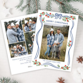 Whimsical Boho Blue Christmas Bow Ribbon 5 Foto Feestdagenkaart