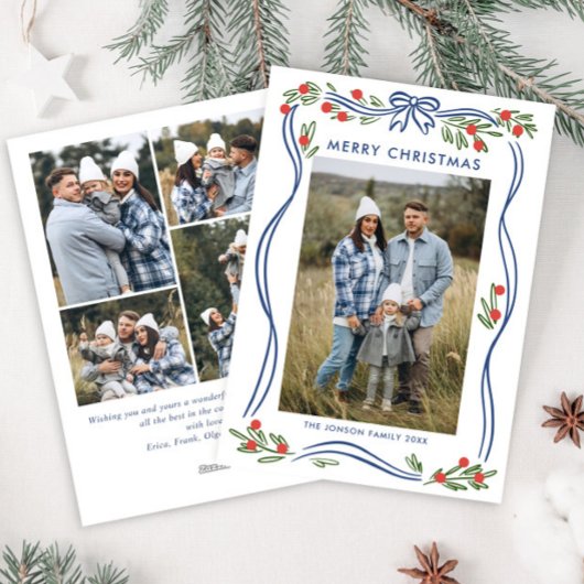 Whimsical Boho Blue Christmas Bow Ribbon 5 Foto Feestdagenkaart