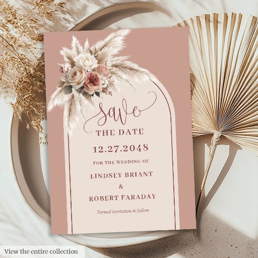 Whimsical Boho Boog Roze Florale Bewaar Datum Kaart