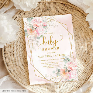 Whimsical boho bord roze gouden pioenen baby showe kaart
