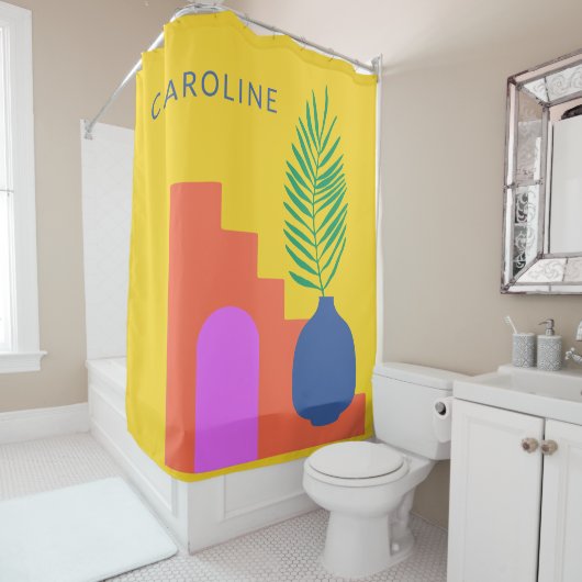 Whimsical Boho Botanical Shapes Persoonlijke naam Douchegordijn (In situ)