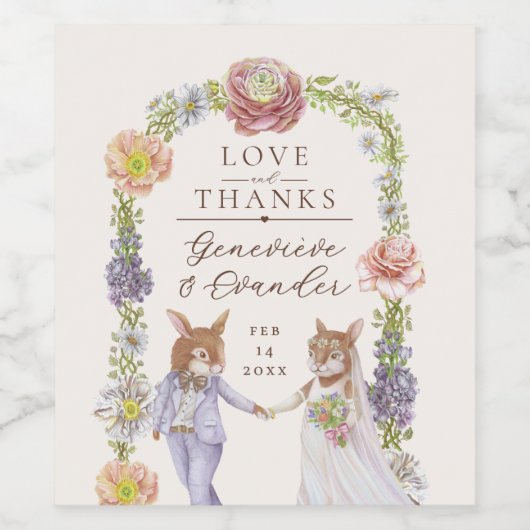 Whimsical Boho Bunny Rabbit Love Bloemen Huwelijk Wijn Etiket (Enkel label)