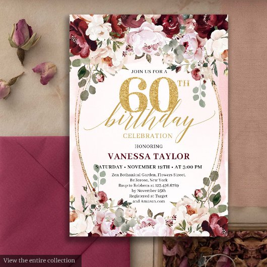 Whimsical Boho Burgundy Floral 60th Birthday Card Kaart