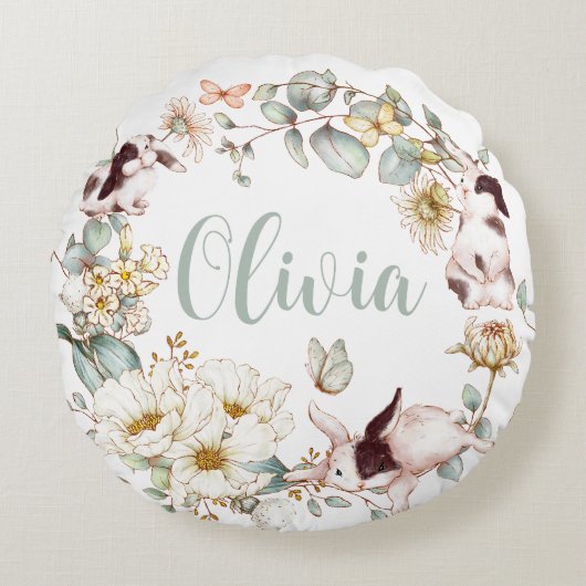 Whimsical Boho Chic Bunny Konijn Botanische Bloeme Rond Kussen (Voorkant)