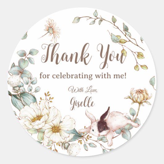 Whimsical Boho Chic Konijn Rabbit Bloem Botanisch Ronde Sticker (Voorkant)