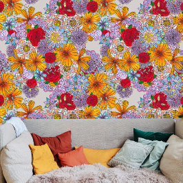 Whimsical Boho Chic Sinaasappel Rood Roze Bloemen Behang