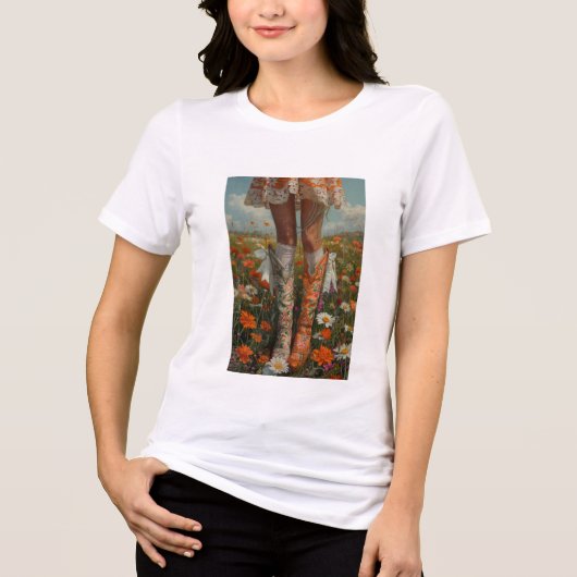 Whimsical Boho Cowgirl ongeëvenaarde Oranje laarze Tri-Blend Shirt (Voorkant)