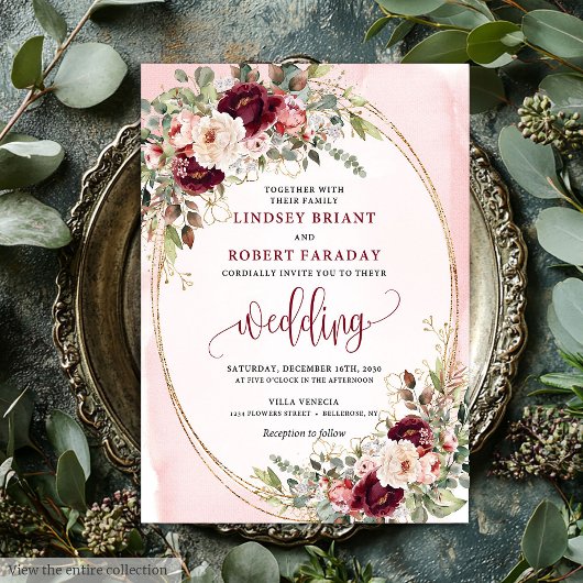 Whimsical Boho Deep Red Gold Floral Wedding Invite Kaart