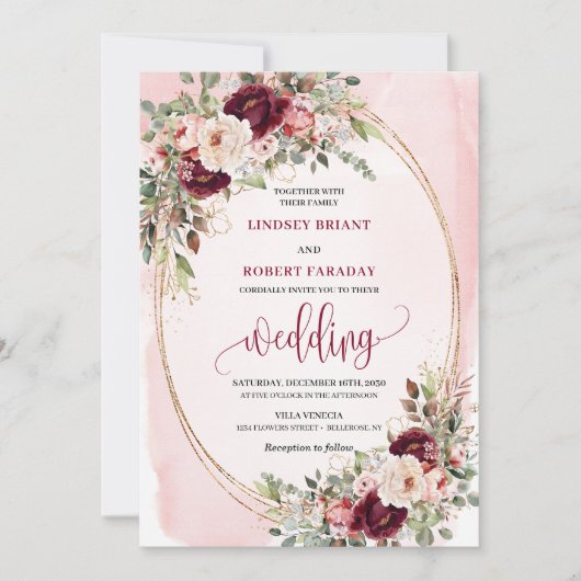 Whimsical Boho Deep Red Gold Floral Wedding Invite Kaart (Voorkant)