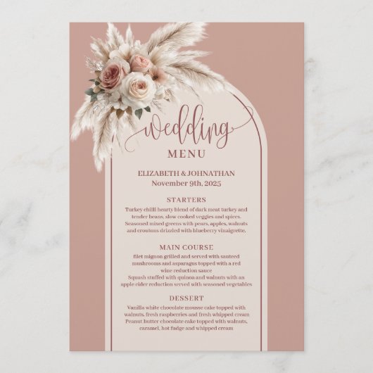 Whimsical Boho Dusty Pink Pampas Floral Wedding Menu (Voorkant)