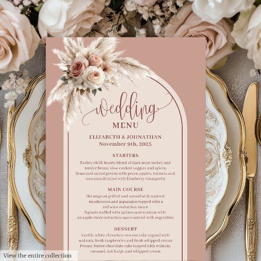 Whimsical Boho Dusty Pink Pampas Floral Wedding Menu