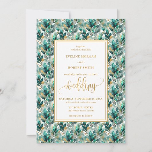 Whimsical Boho Forest Green Gold Greenery Wedding Kaart (Voorkant)