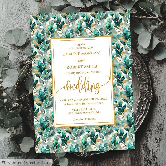Whimsical Boho Forest Green Gold Greenery Wedding Kaart