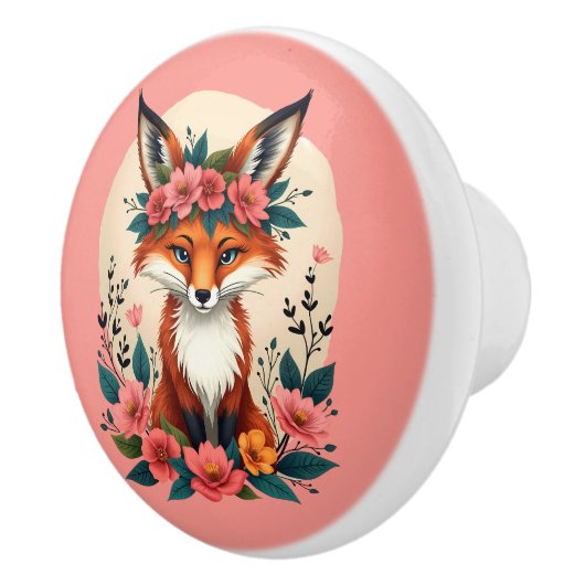 Whimsical Boho Fox met Floral Crown Woodland Keramische Knop (Rechts)