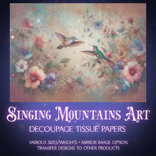 Whimsical Boho Hummingbirds & Flowers Decoupage Tissuepapier