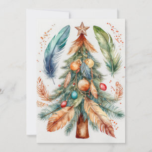 Whimsical Boho Kerstboom Ornamenten & Veren Feestdagenkaart