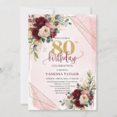 Whimsical Boho Merlot Gouden Bloemen 80ste Verjaar Kaart (Voorkant)